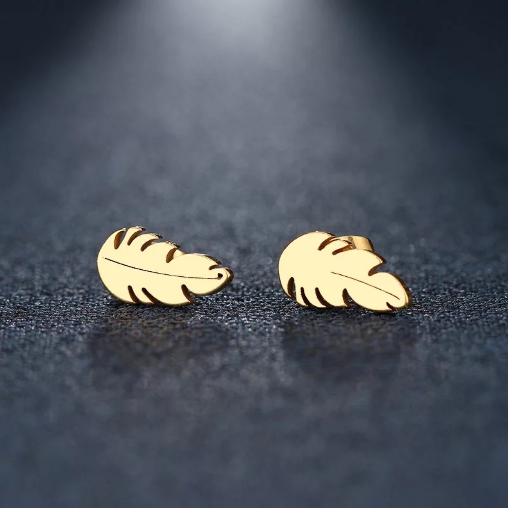 Feather leaf studs tiny gold earrings new boho
